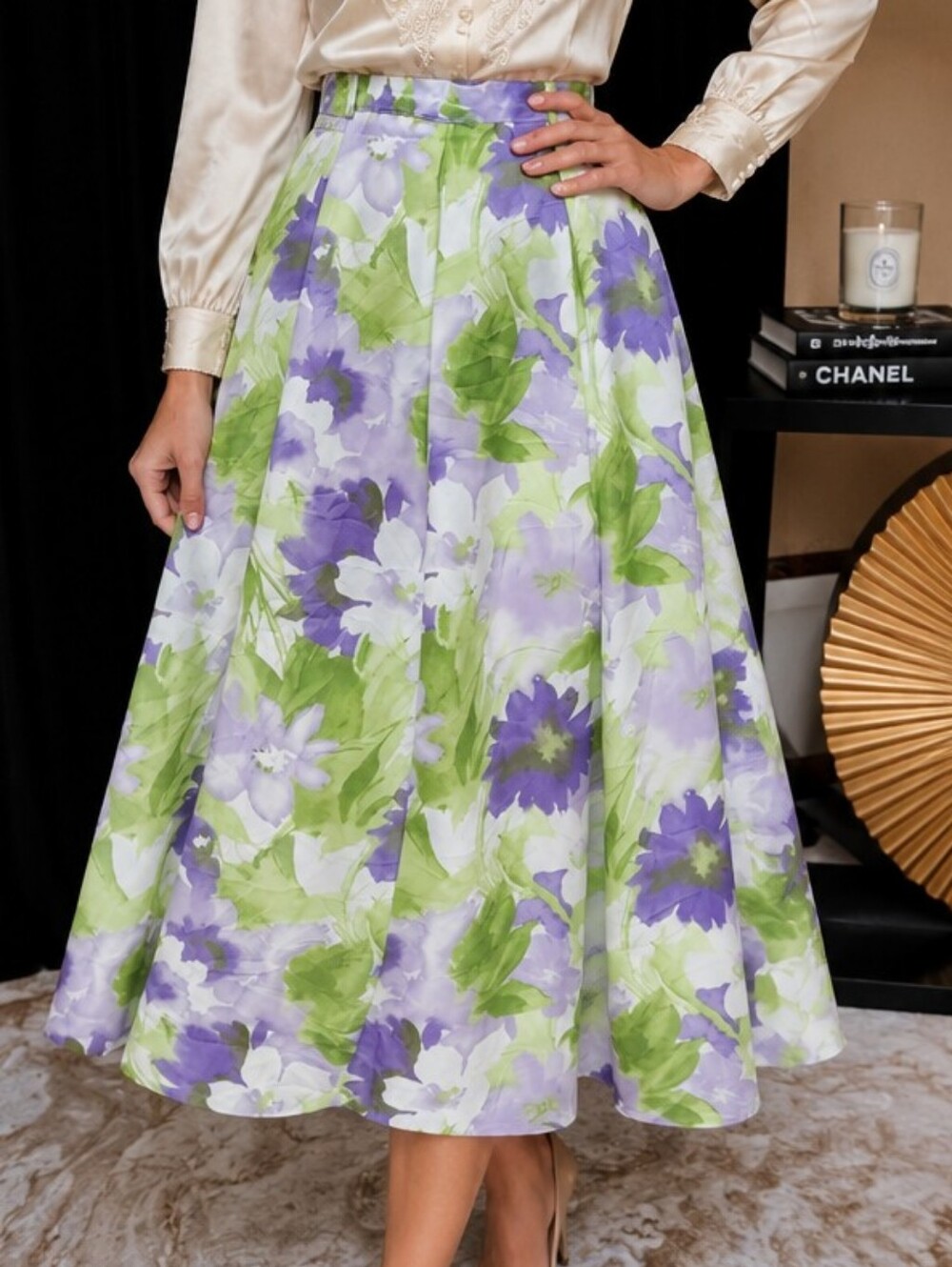 LUCIA Floral Watercolor A-Line Midi Skirt Purple Green Medium
